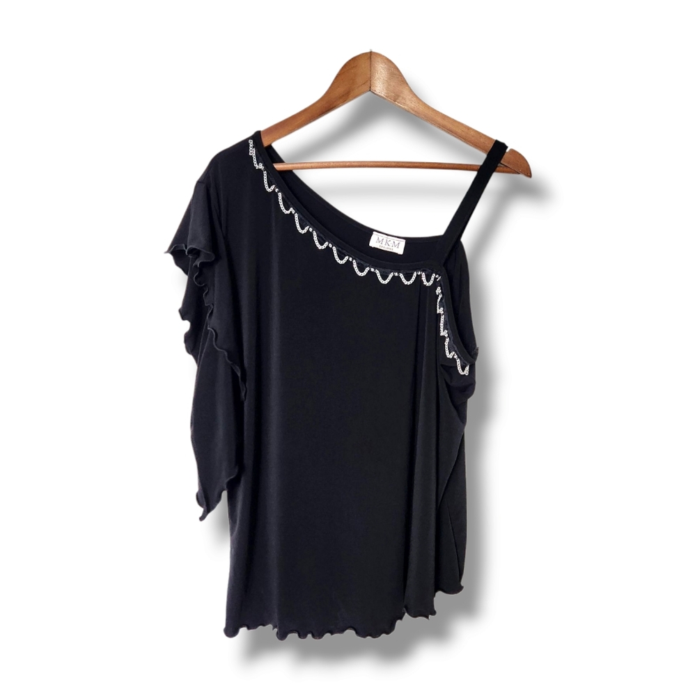 MKM Asymetric One Shoulder Blouse w/Silver Chain Accent  | 2X